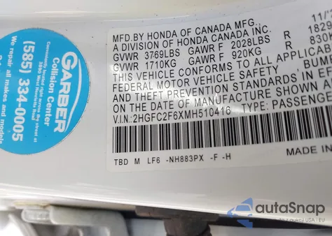 2021 Honda Civic Lx from USA, damaged, VIN 2HGFC2F6XMH510416